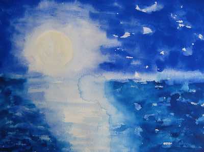 Full Moon watercolor painting of night sky over Lake Michigan