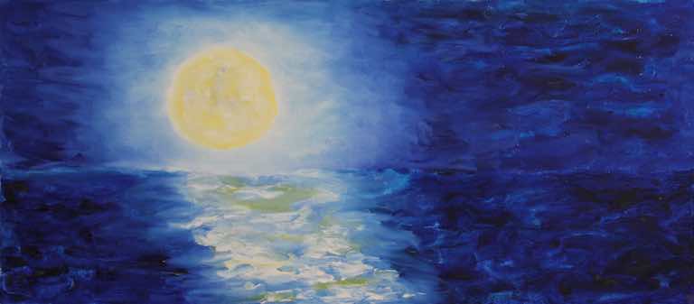 Full Moon oil painting of night sky over Lake Michigan